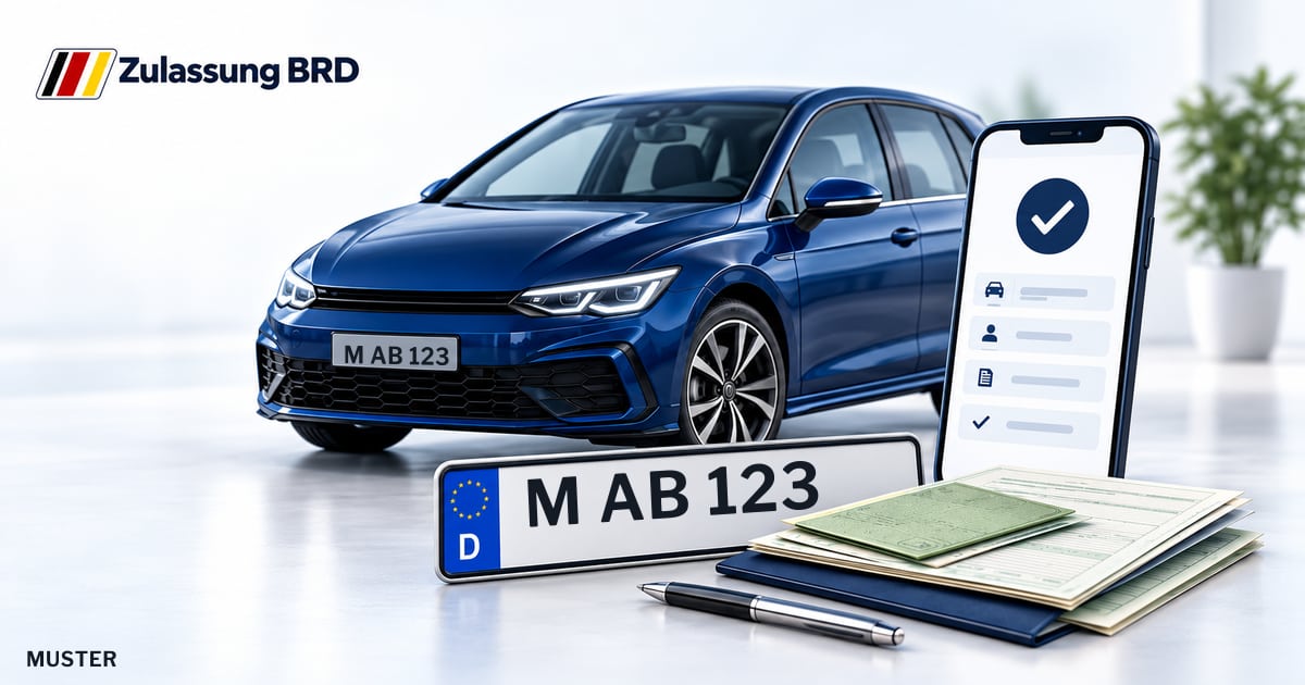Online Fahrzeugzulassung in Ottobrunn: Musterkennzeichen M AB 123, Auto und Fahrzeugpapiere und Smartphone. Illustration mit Logo von Zulassung BRD.